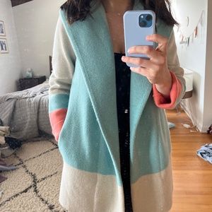 Anthropologie Colorblock Shawl Collar Cardigan — Teal, Coral, Cream